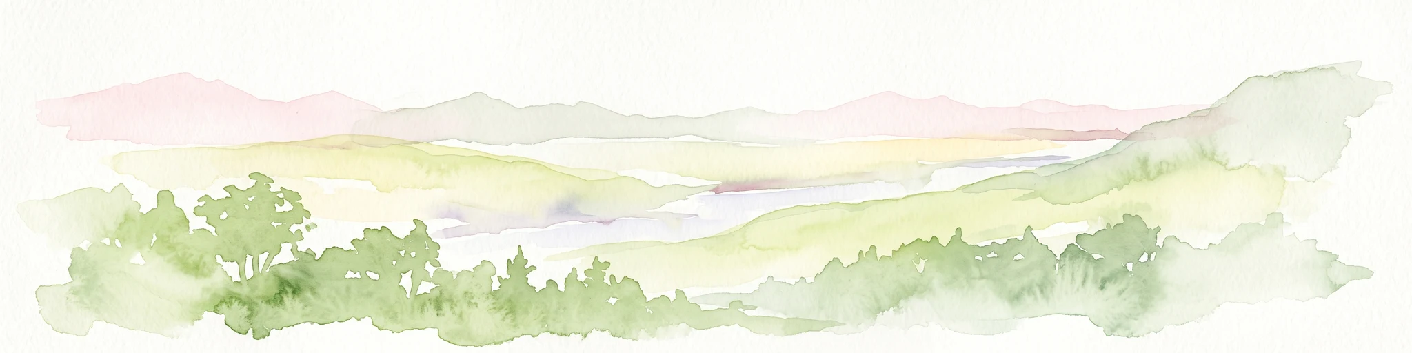 A soft watercolor painting of rolling green hills and a distant mountain range on a white background.