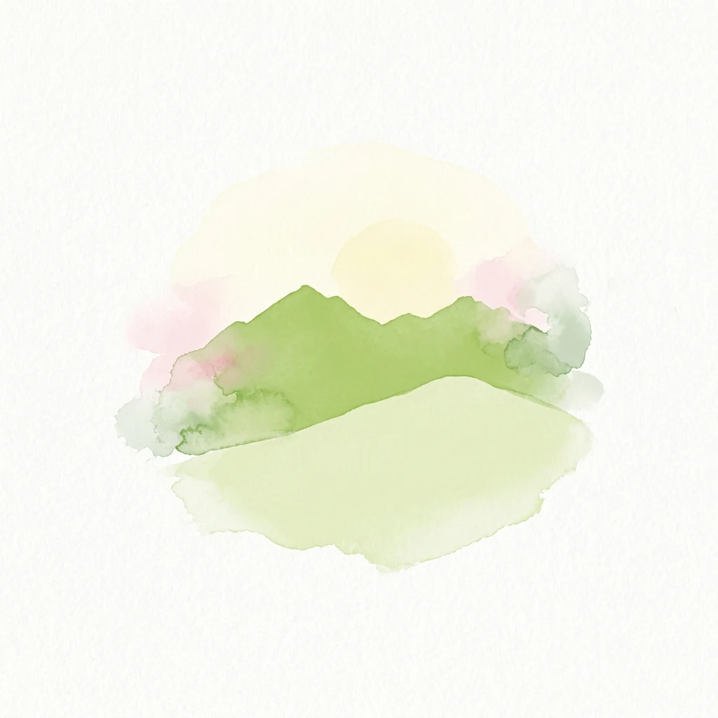 Watercolor painting showing green mountains, a yellow sun, and pink clouds against a white background