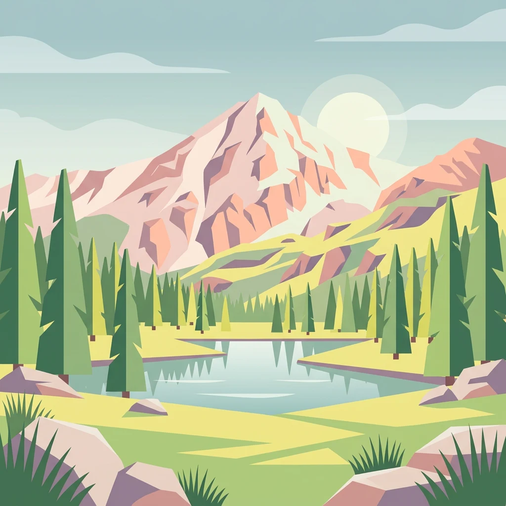 Ilustración estilizada de un lago de montaña rodeado de árboles de coníferas y terreno rocoso con una montaña nevada al fondo.
