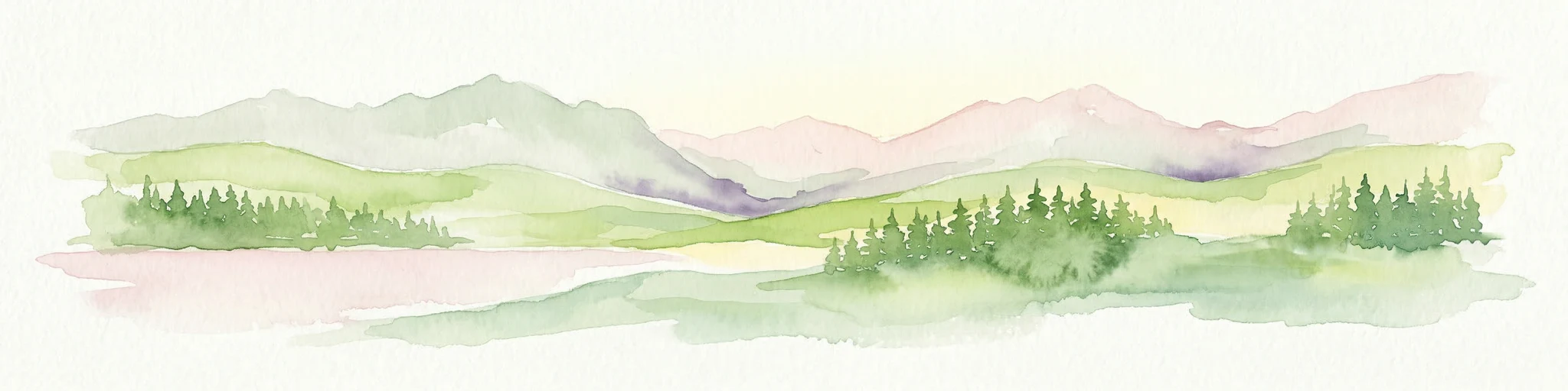 Ilustración acuarela de una cordillera con bosques, un lago y colinas distantes bajo un cielo claro
