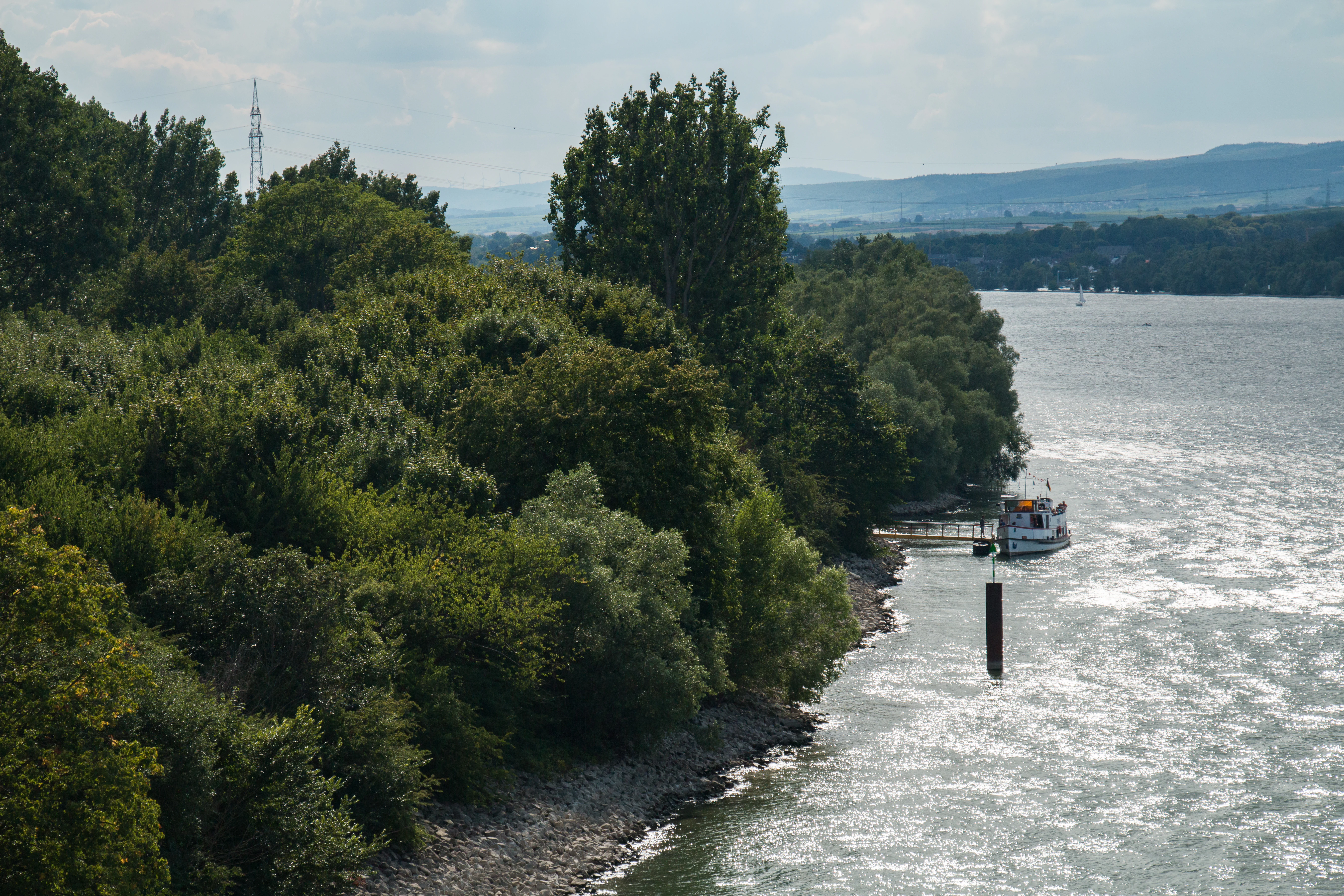 A wide river with shimmering water flows alongside a dense green tree-lined bank, where a white passenger ferry is docked at a small pier with distant hills in the background.