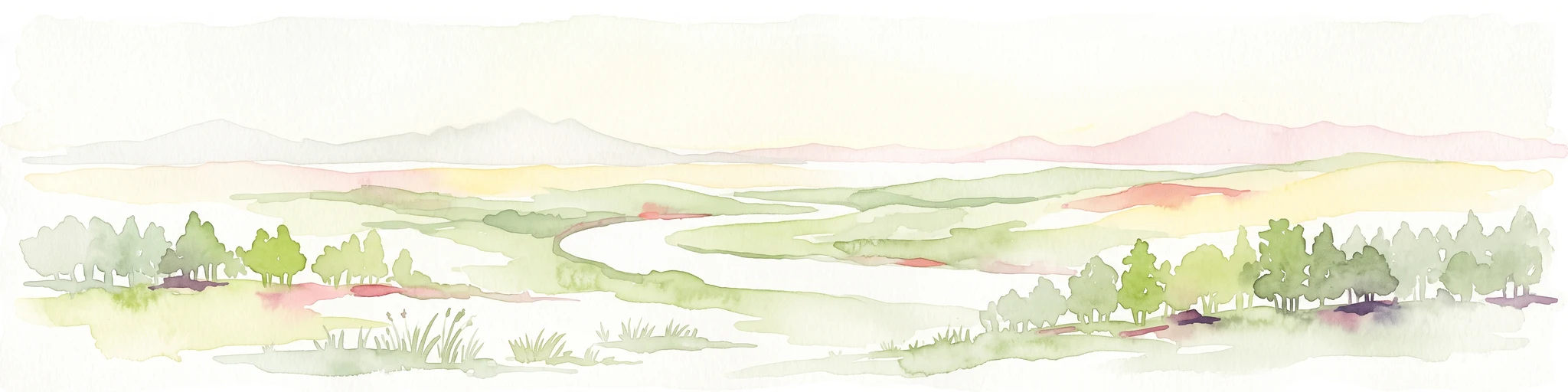 A wide watercolor illustration showing a winding river flowing through a green floodplain with scattered trees and pale pink and purple hills in the distance.