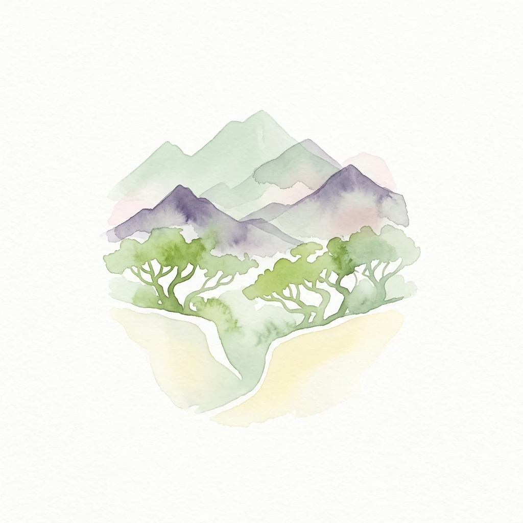 Ilustración en acuarela de montañas y árboles en tonos verdes, morados y amarillos
