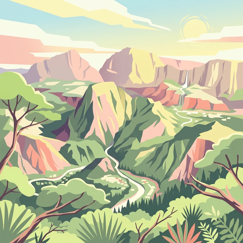 Ilustración estilizada de un paisaje montañoso con valles verdes, un río sinuoso y formaciones rocosas coloridas bajo un cielo parcialmente nublado
