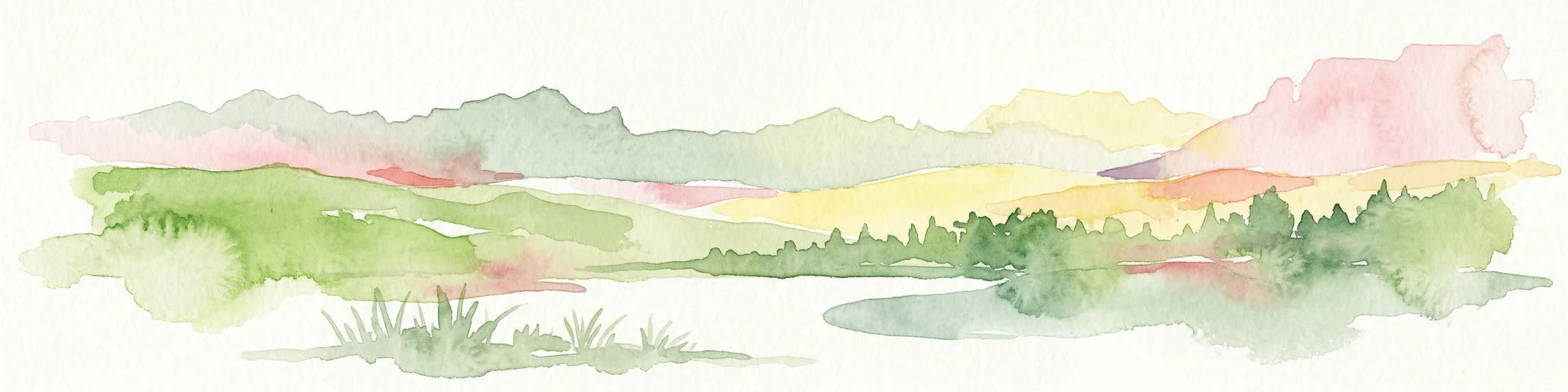 Pintura de acuarela que muestra campos verdes, montañas distantes y un cielo despejado