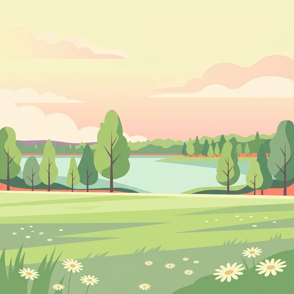 Una ilustración digital de estilo plano que representa un lago tranquilo rodeado de árboles y una pradera verde con pequeñas flores blancas en primer plano, bajo un cielo de atardecer pastel y suave.