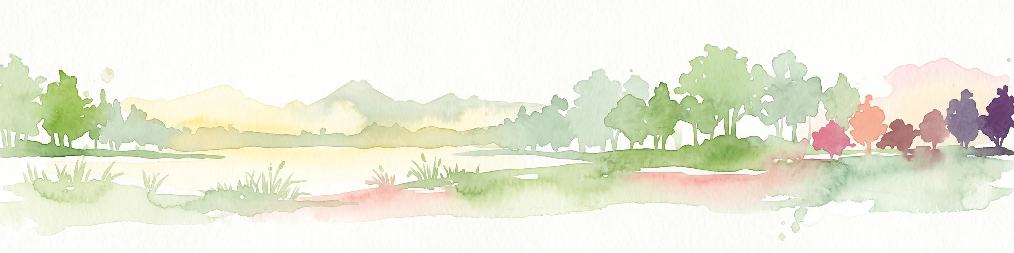 Pintura en acuarela de una escena de lago tranquilo con frondosos árboles y follaje en tonos verdes y otoñales, sobre un fondo blanco suave.