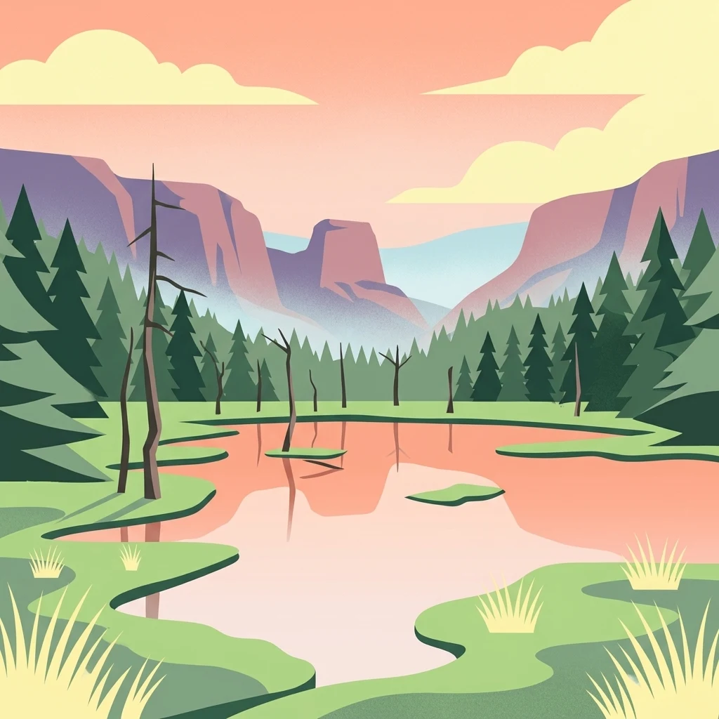 Stylized digital illustration of a calm, reflective pool in a wetland, surrounded by tall pine trees and distant purple mountains under a soft pink sunset sky.