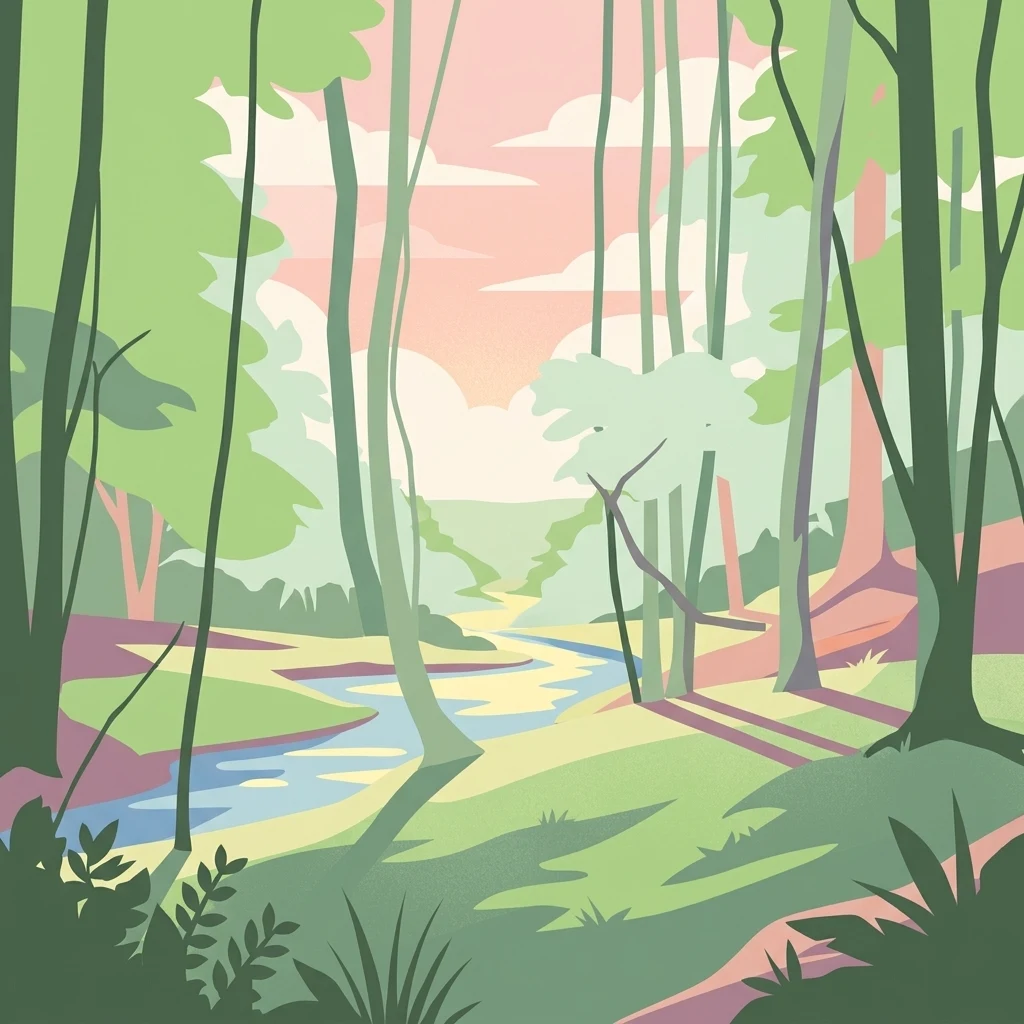 A graphic illustration showing a winding stream flowing through a dense forest with tall trees, soft sunlight, and a pink sky.