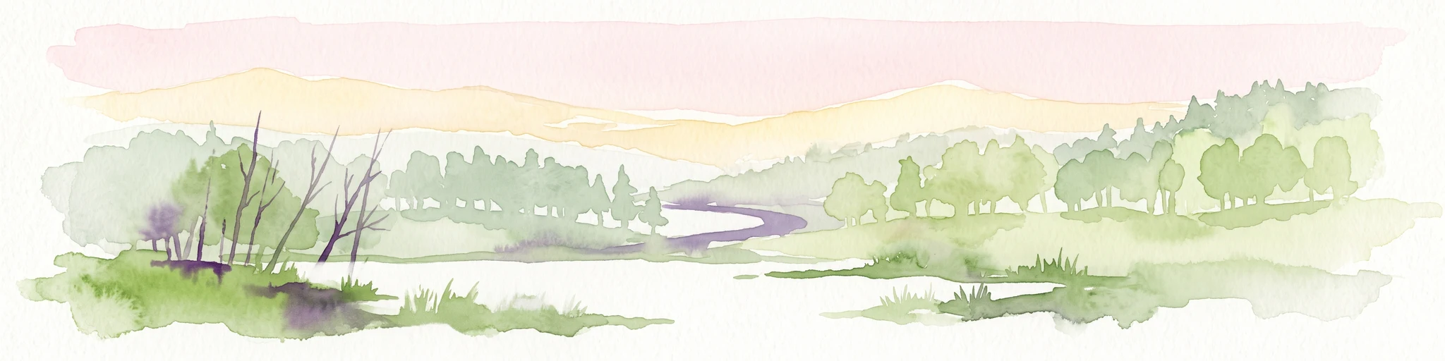 A soft watercolor painting of a winding stream flowing through a green valley with light trees, under a pale pink and yellow sky.