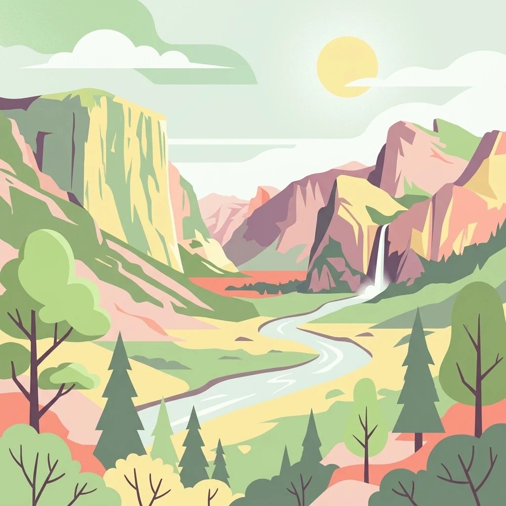 Stylized flat illustration of a mountain valley with a winding river, a waterfall, and surrounding forests.