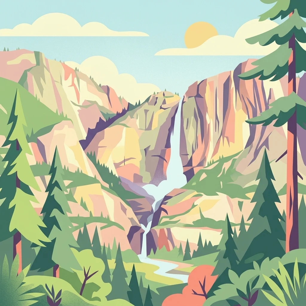 A colorful stylized illustration showing a mountain valley with a tall waterfall cascading down rocky cliffs, surrounded by green pine trees and a winding river under a sunny sky.