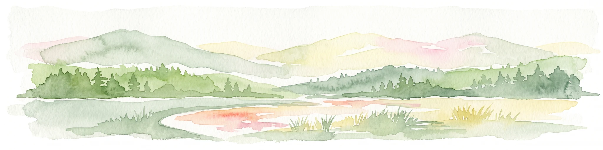 A wide watercolor illustration showing a body of water curving through green forests with soft pink and yellow mountains in the background.