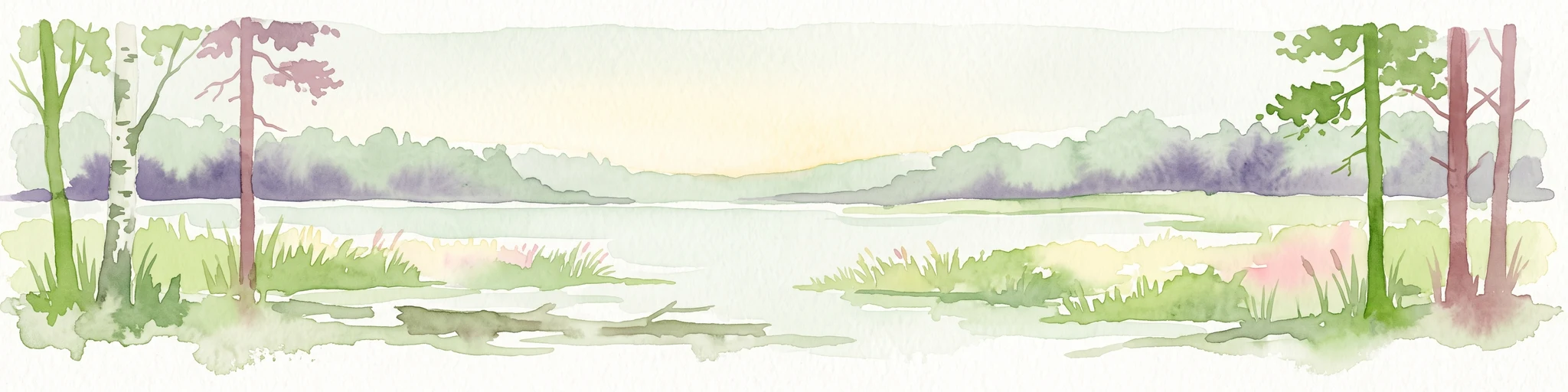 A horizontal watercolor painting showing a tranquil lake scene with sparse trees on both shores and a soft light across the water.