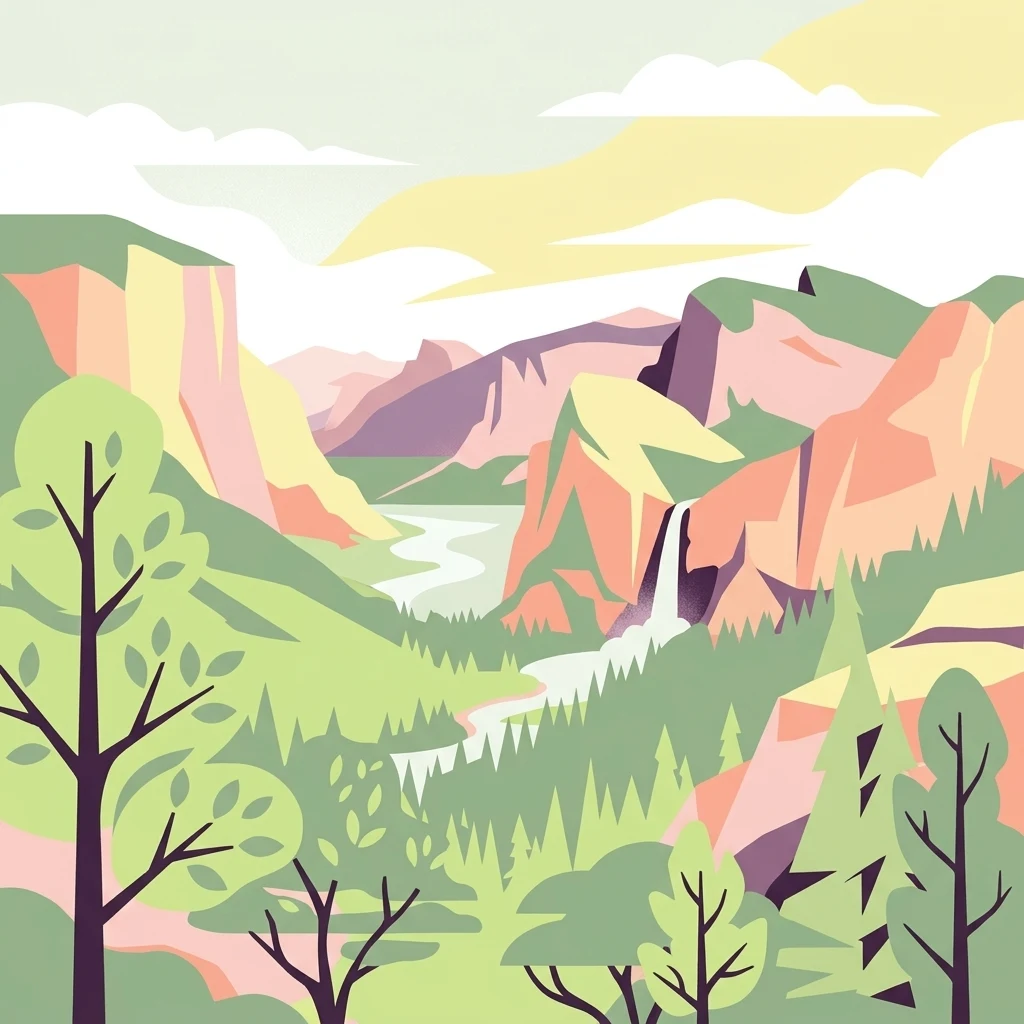 A flat-design illustration of a mountain valley featuring pine trees, a winding river, and a waterfall cascading down a cliffside under a soft-toned sky.