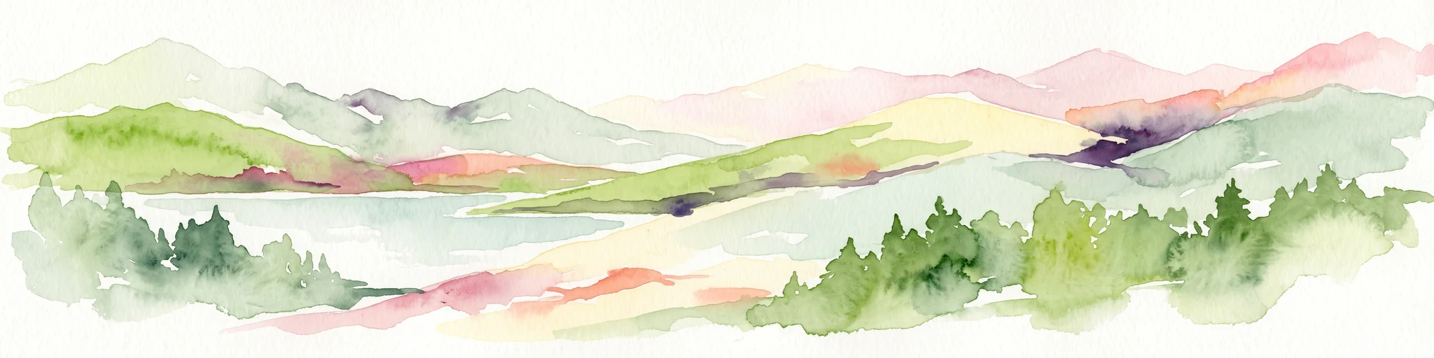 A watercolor painting showing a panoramic view of a light-colored lake surrounded by soft, green rolling hills and distant pink-toned mountains.