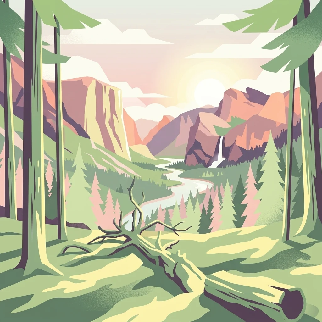 Una ilustración digital de estilo plano de un valle de montaña con un río serpenteante, una cascada en la distancia y altos pinos en primer plano, con un tronco caído en el primer plano inmediato.