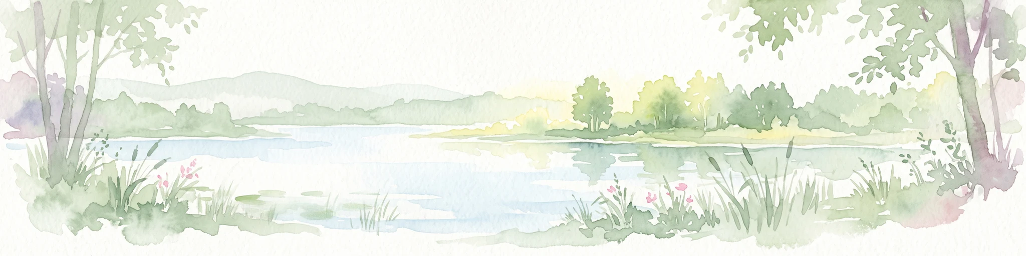 Watercolor painting of a calm pond with green trees on the banks, reeds in the foreground, and distant rolling hills.