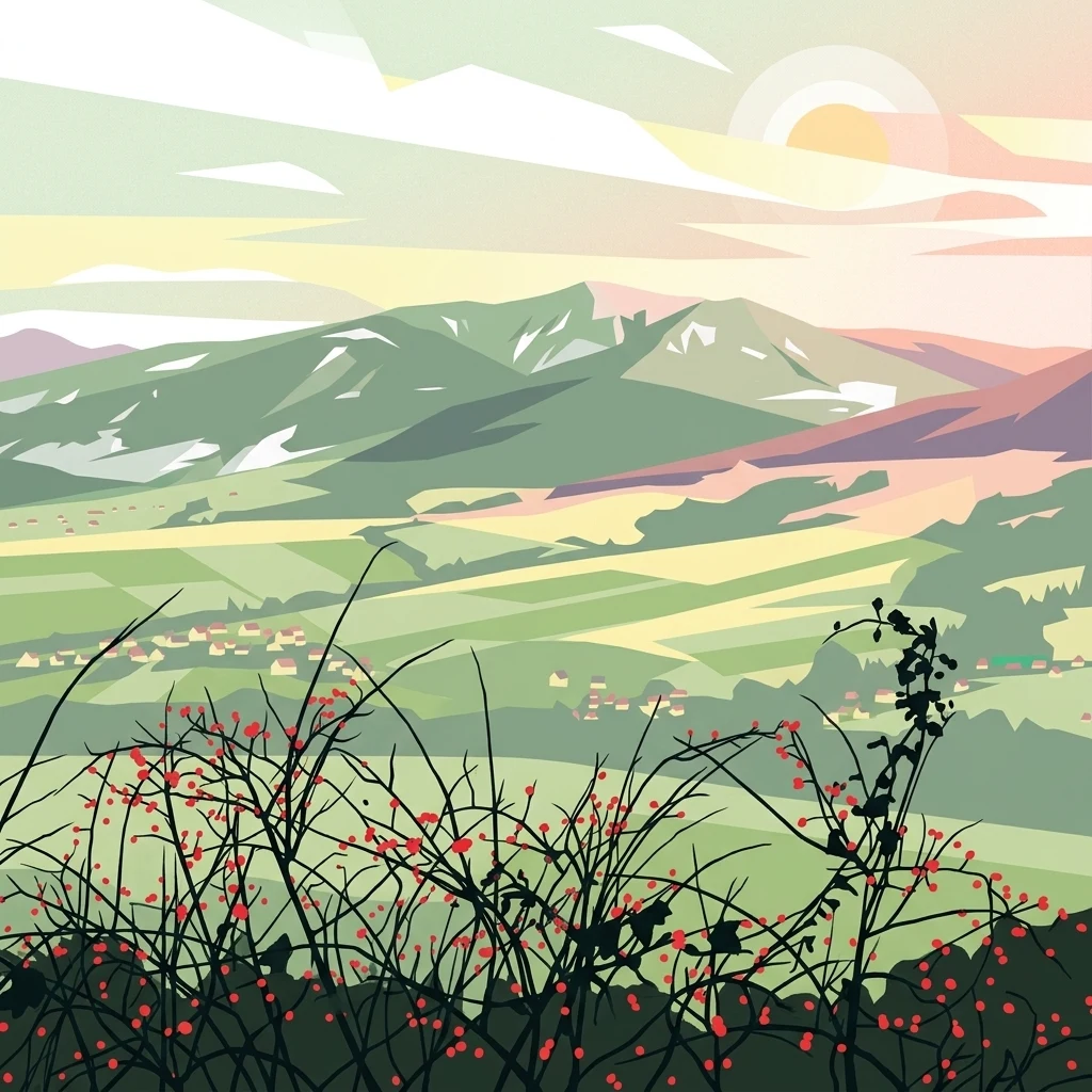 Una ilustración digital de un paisaje montañoso al atardecer, con arbustos espinosos silueteados con bayas rojas en primer plano y un valle verde ondulado con una cadena montañosa lejana al fondo.