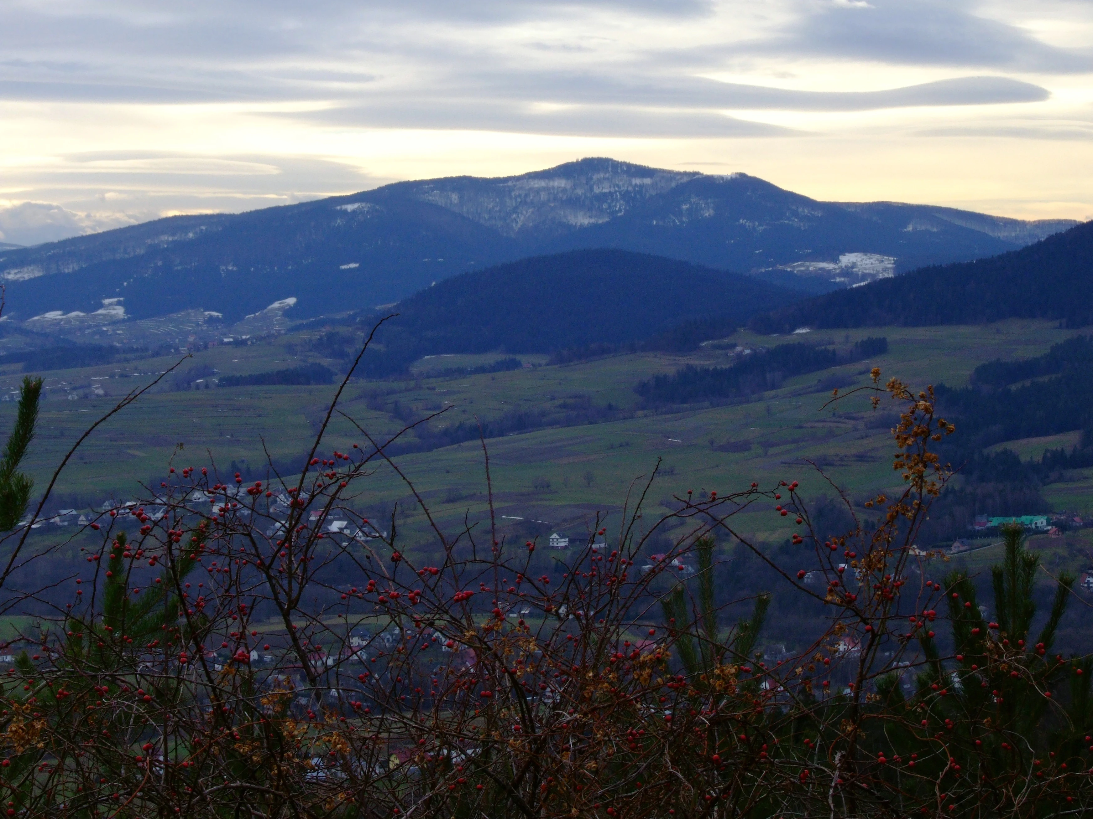 Panoramic landscape view featuring a prominent mountain ridge with forested slopes and scattered patches of snow under a cloudy sky.