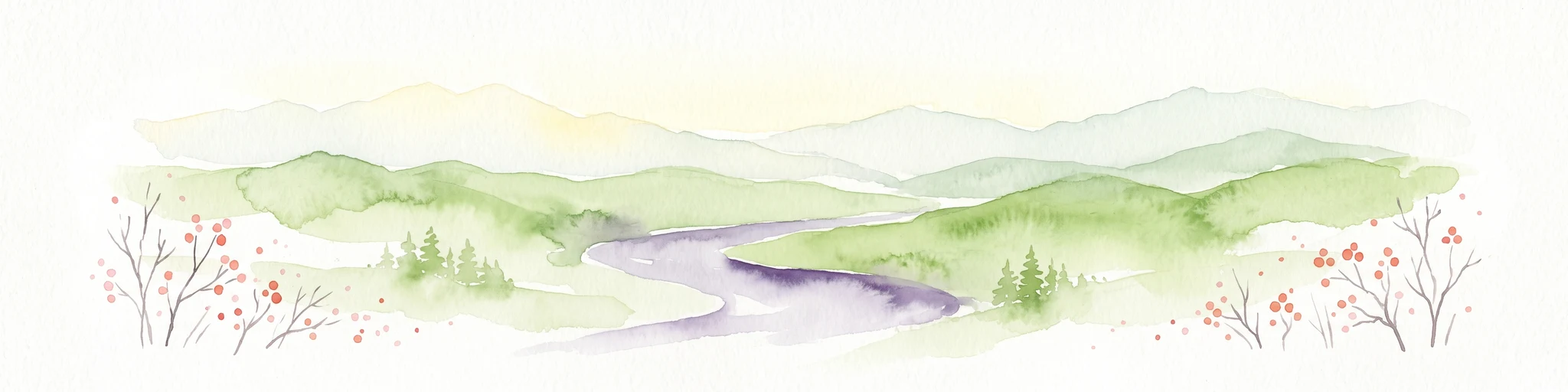 Una pintura a la acuarela que muestra suaves montañas y colinas verdes y onduladas con un río serpenteante en el centro, enmarcada por delicadas ramas desnudas con bayas rojas en los lados.