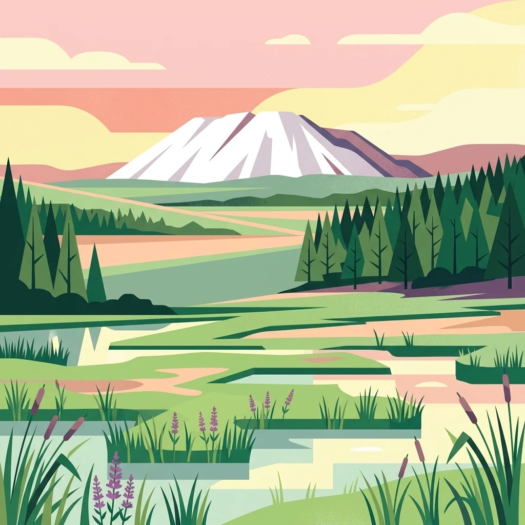 A flat-style digital illustration showing a marshy wetland with grasses and purple flowers in the foreground, a pine forest in the midground, and a large snow-capped mountain in the distance against a pastel pink and orange sky.