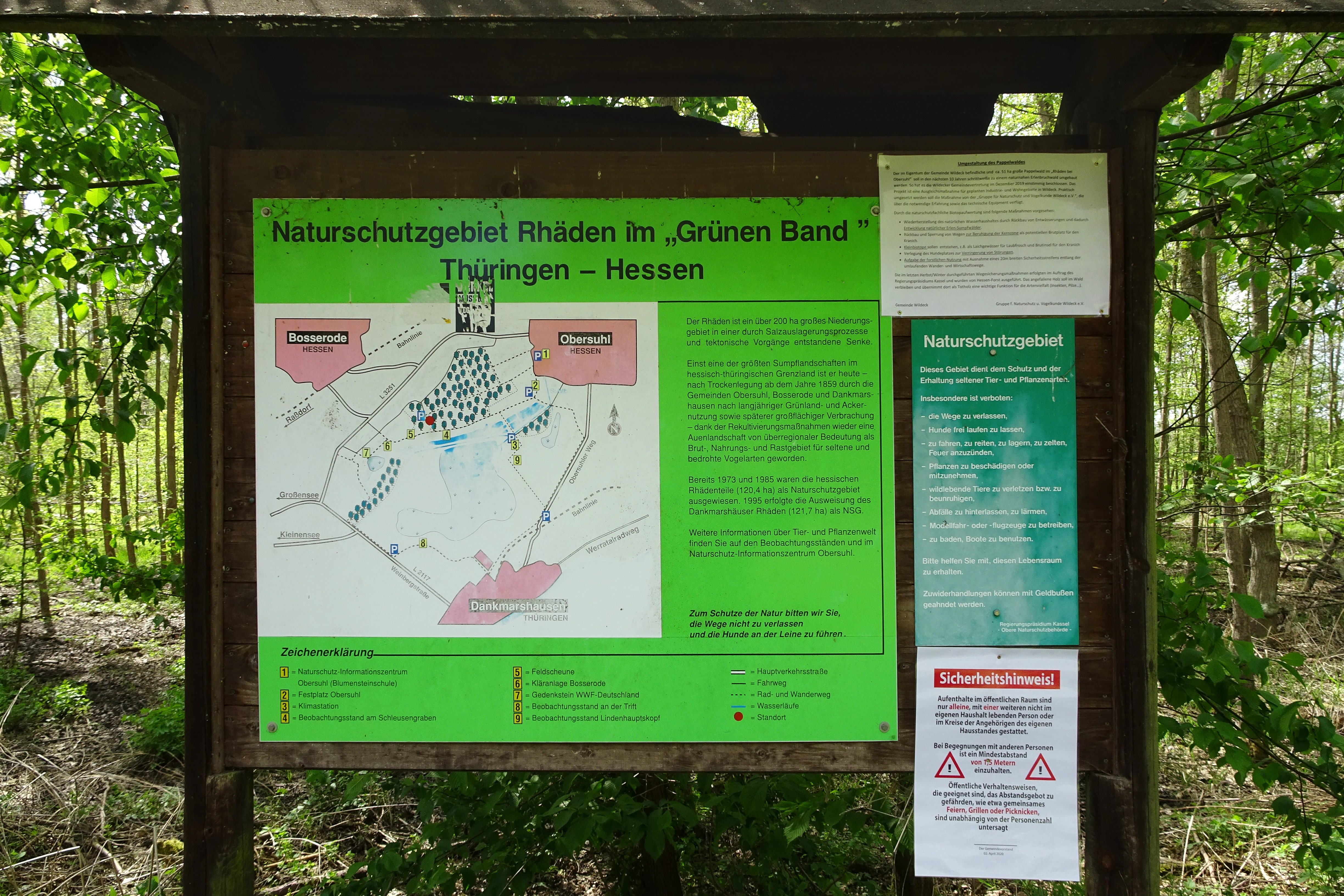 A green-framed informational signpost in a forest, displaying a map and text about the Naturschutzgebiet Rhäden within the Green Belt of Germany.