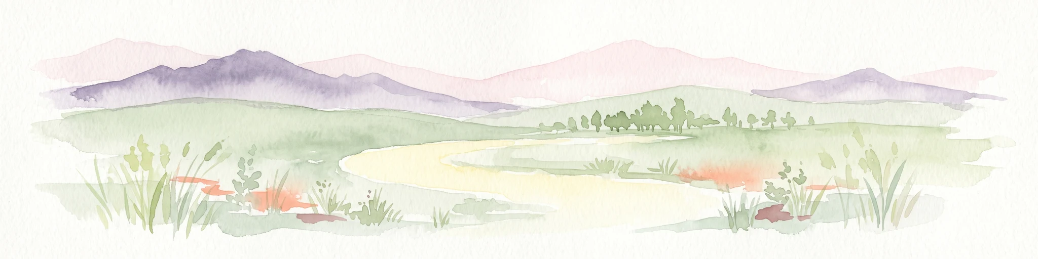 A soft watercolor illustration depicting a flat green wetland landscape with a winding river and distant rolling hills under a pale sky.
