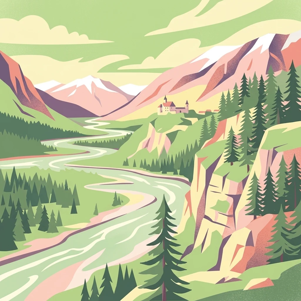 A stylized vector illustration of a winding river flowing through a deep valley, surrounded by evergreen forests, craggy cliffs, and distant snow capped mountains. A small cluster of buildings sits on a hillside.