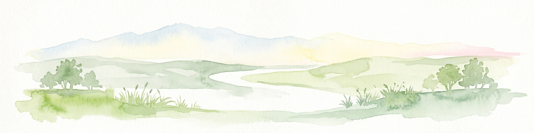 A soft watercolor painting depicting a wide river flowing through a green floodplain with distant mountains in the background.