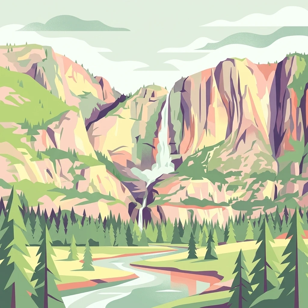 A graphic illustration showing a mountain valley with a waterfall cascading down rocky cliffs, a forest of pine trees in the foreground, and a winding river.