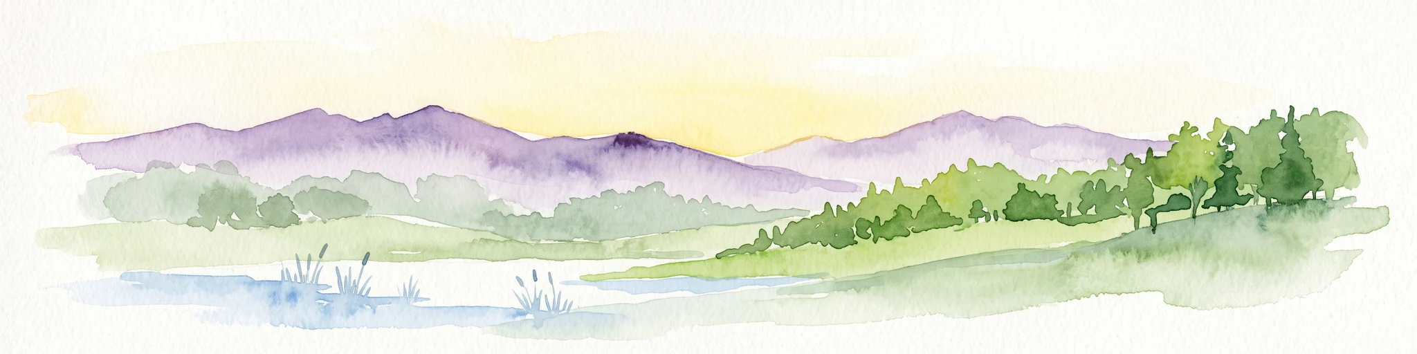 A watercolor painting showing a soft, atmospheric landscape with a foreground of water and green grasses, a midground of trees, and purple mountains in the background under a pale yellow sky.