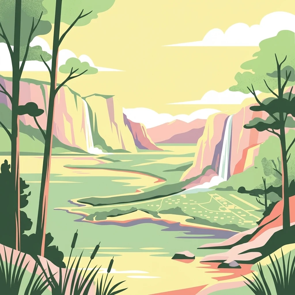 A graphic illustration depicting a green valley landscape with tall cliffs, cascading waterfalls on both sides, a winding river, and silhouetted trees in the foreground.