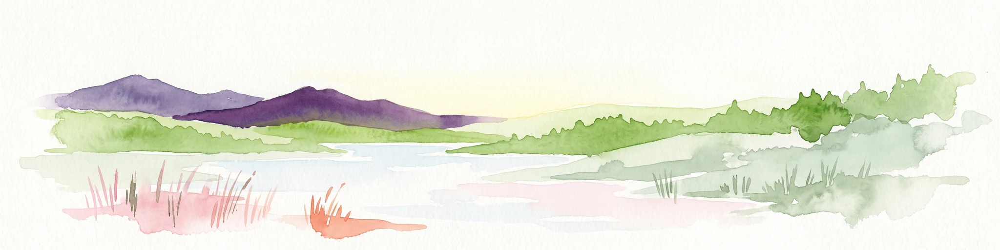A watercolor painting showing a panoramic view of a wetland with water, grasses in the foreground, green hills, and purple-toned mountains in the distance.