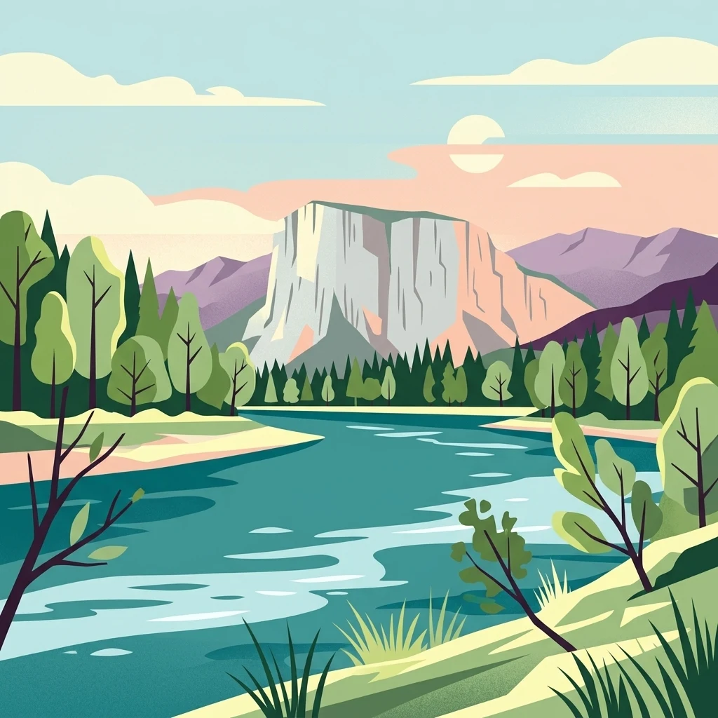 A graphic illustration of a wide river flowing through a lush green valley toward a large, steep-faced mountain under a soft-colored sky.