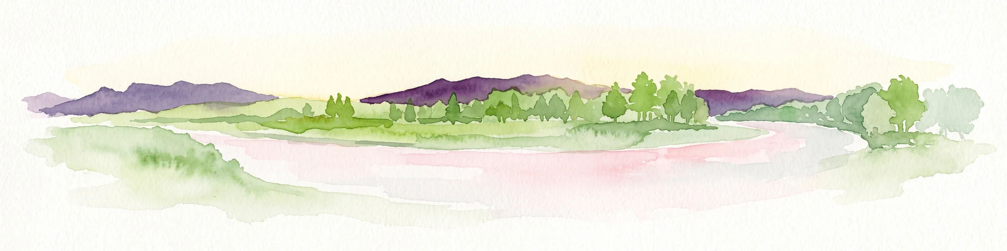 A soft watercolor painting depicting a wide river flowing through a lush green landscape with distant rolling purple hills in the background.