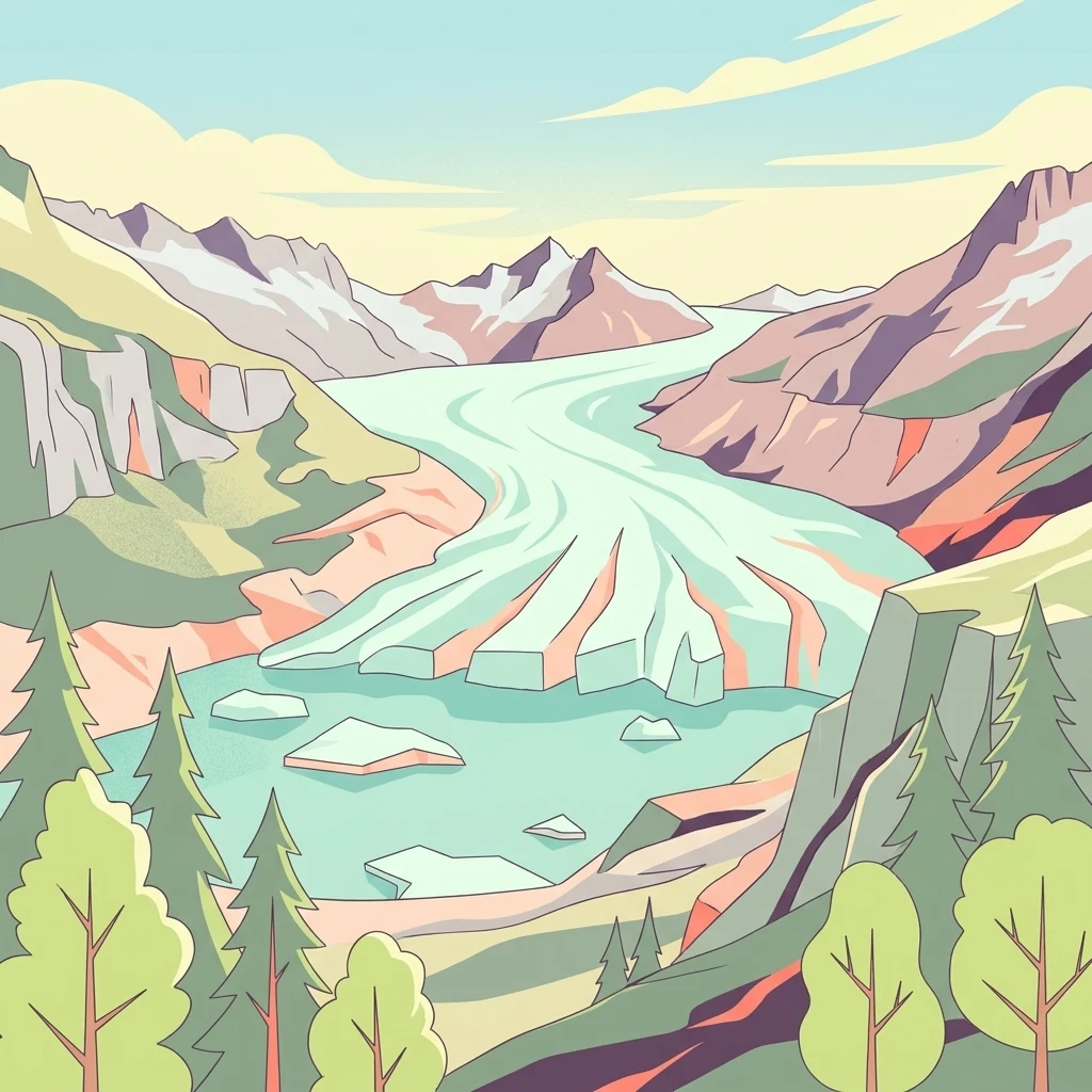 A stylized digital illustration of a valley with a light blue glacier flowing from distant snow-capped mountains into a turquoise glacial lake containing small icebergs, surrounded by coniferous trees and rocky slopes.