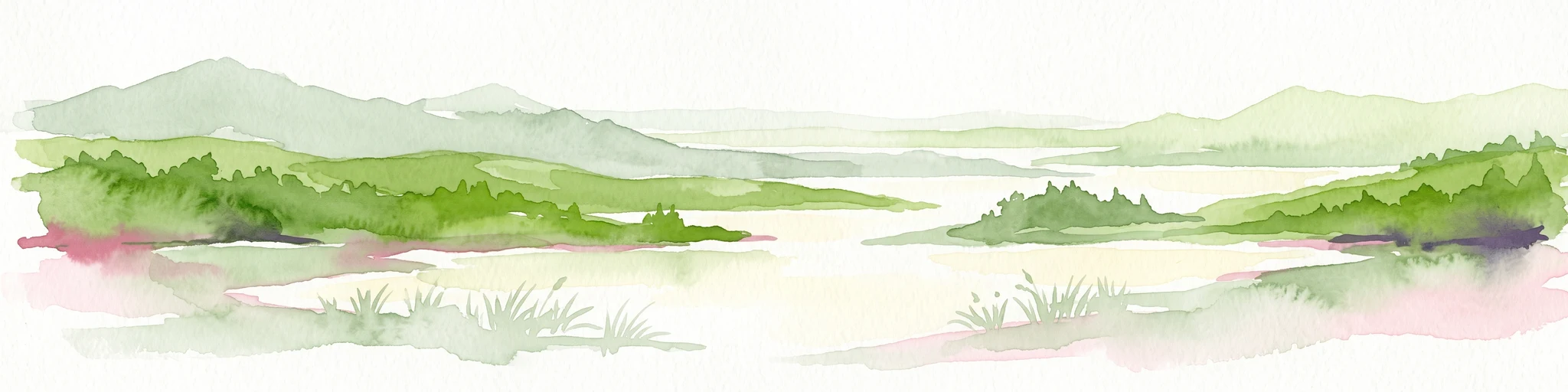 Pintura en acuarela de un paisaje verde con colinas onduladas, prados y una masa de agua en primer plano sobre un fondo claro.
