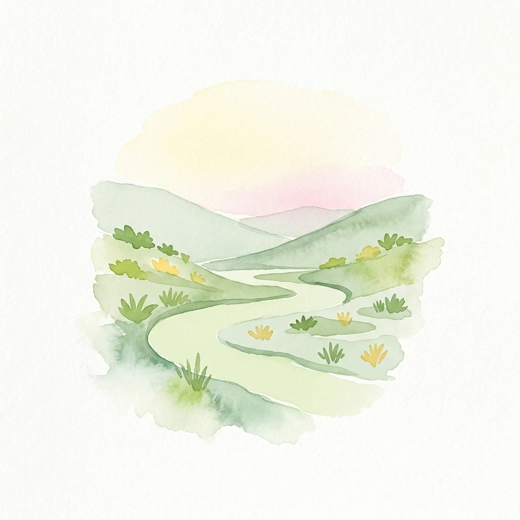 Watercolor painting of a river flowing through hilly terrain with green vegetation and yellow flowers.