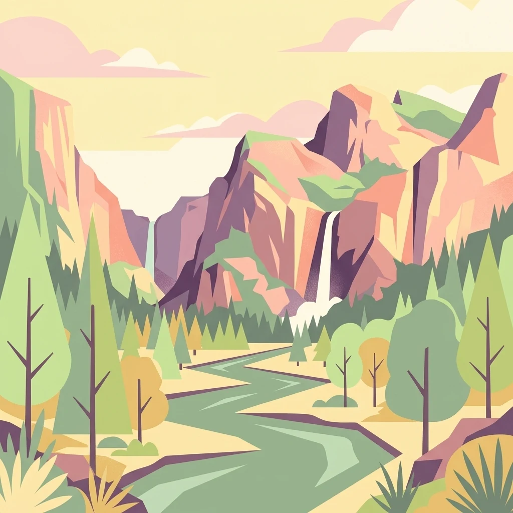 A flat-style digital illustration depicting a mountain valley, with jagged peaks and two waterfalls feeding into a river that flows through a forest of simplified trees.