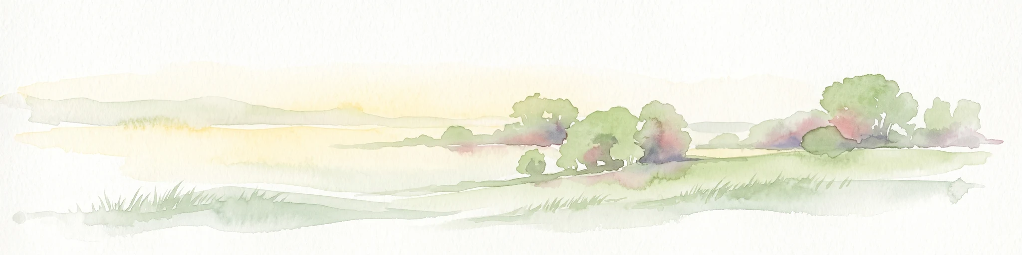 A soft watercolor painting of a rural landscape with light green meadows and clusters of trees under a pale, washed-out sky.
