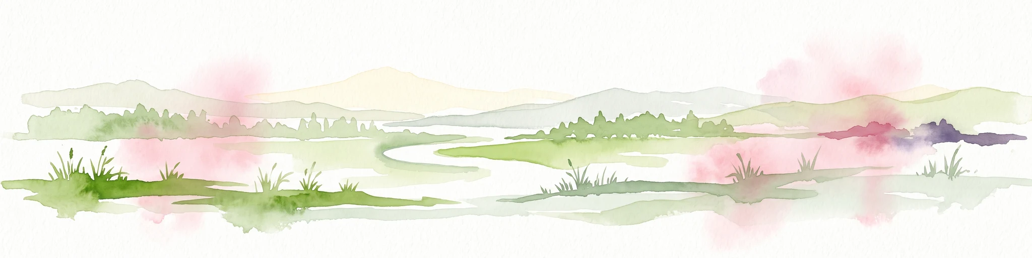 A soft watercolor illustration featuring a winding river flowing through a green valley with rolling hills in the background, accented by abstract pink blossoms or light reflections.