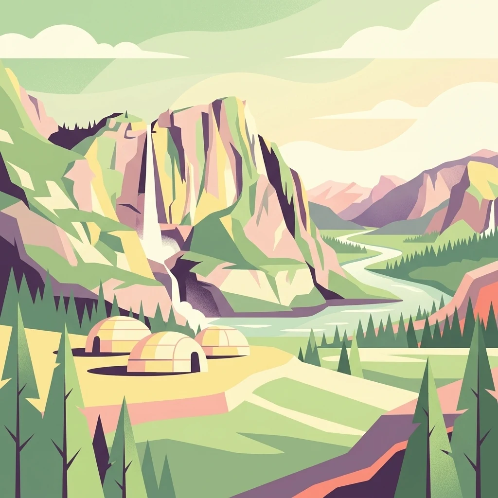 A stylized flat vector illustration of a valley with a winding river, a steep cliff featuring a waterfall, pine trees, and three small, rounded, hut-like dwellings in the foreground.