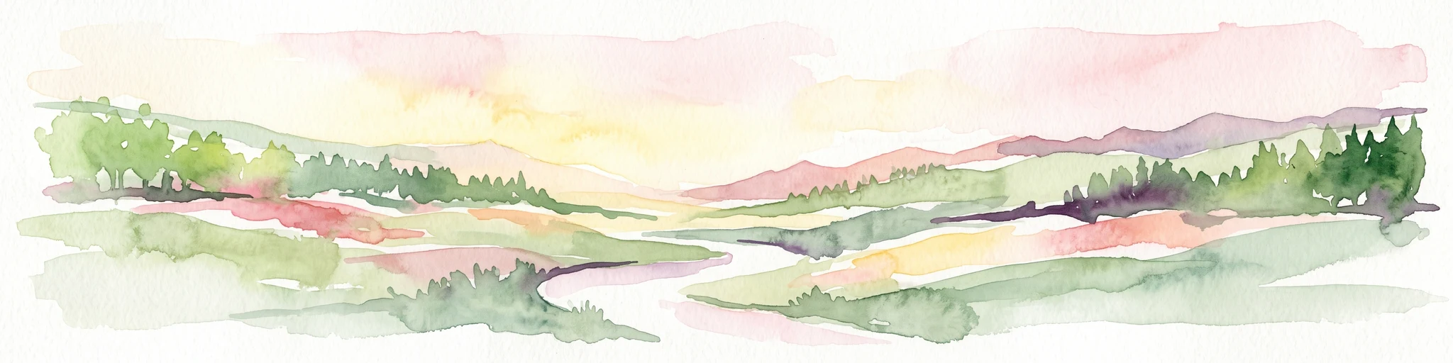 Pintura en acuarela de un paisaje pastoril con colinas verdes onduladas, un pequeño río serpenteante y montañas de tonos suaves bajo un cielo pálido.