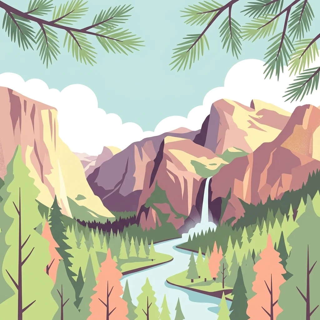 A flat-style digital illustration showing a winding river flowing through a coniferous forest beneath tall, rocky mountains and a waterfall, with pine branches framing the top of the scene.