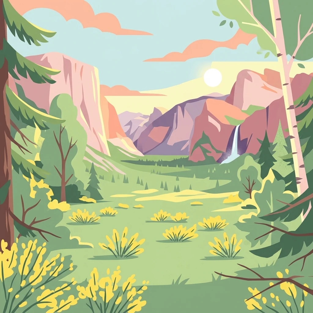 A flat style digital illustration of a green valley framed by trees, with mountains in the background, a small waterfall, and yellow flowers in the foreground.