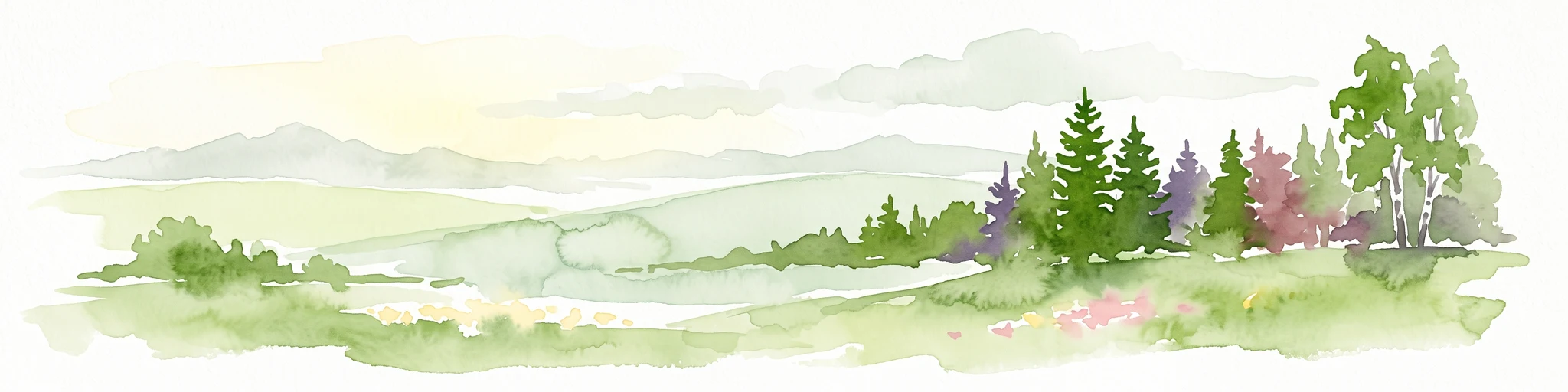 A watercolor painting of a rolling landscape featuring open fields in the foreground, distant hills, and a cluster of pine and deciduous trees on the right side.