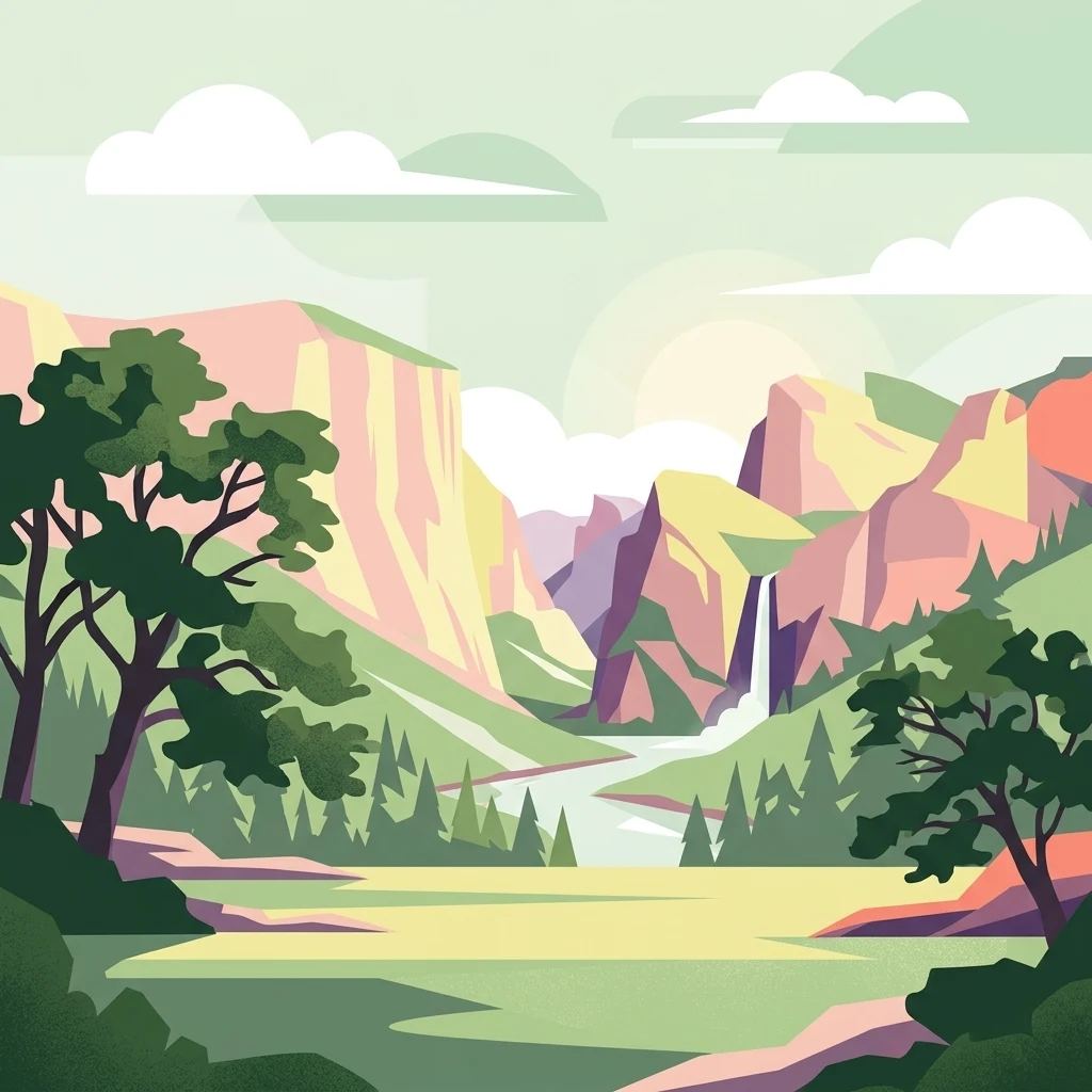 Una ilustración plana de estilo vectorial de un valle entre acantilados montañosos escarpados, con una pequeña cascada, un río, un bosque de pinos y nubes estilizadas en un paisaje de colores pastel.