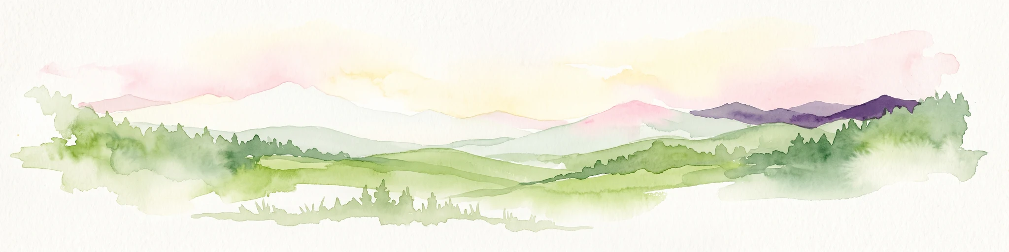 Watercolor painting showing layers of rolling green hills, dense tree lines, and distant purple mountain silhouettes under a soft sunset sky.