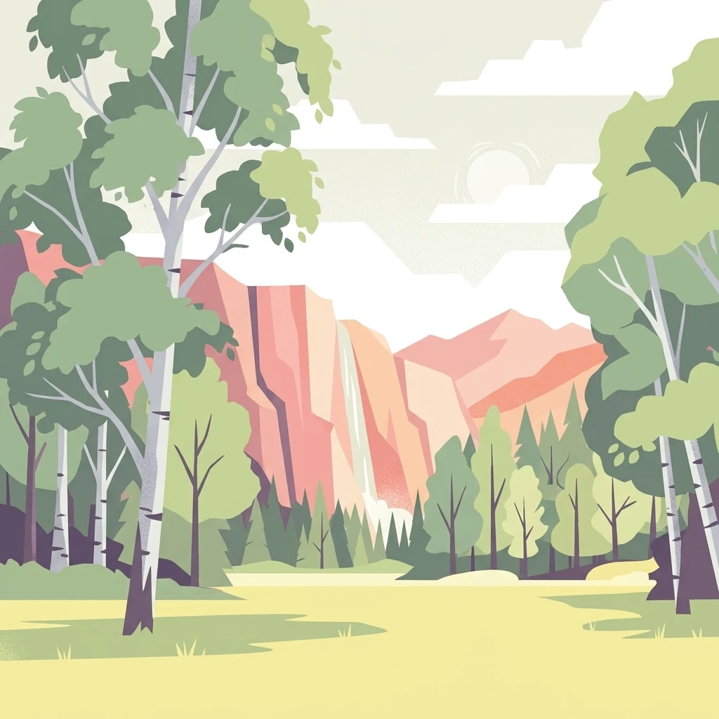A flat-style digital illustration showing a mountain range with a waterfall, framed by trees on the left and right in the foreground and a grassy meadow at the base.